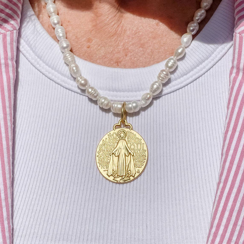 Pearl Necklace: Gold Blessed Mother