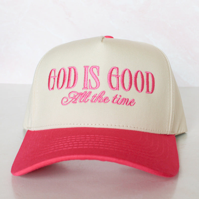 God Is Good All The Time Embroidery Trucker Hat: Pink