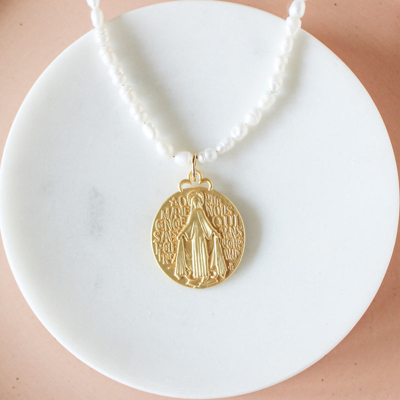 Pearl Necklace: Gold Blessed Mother