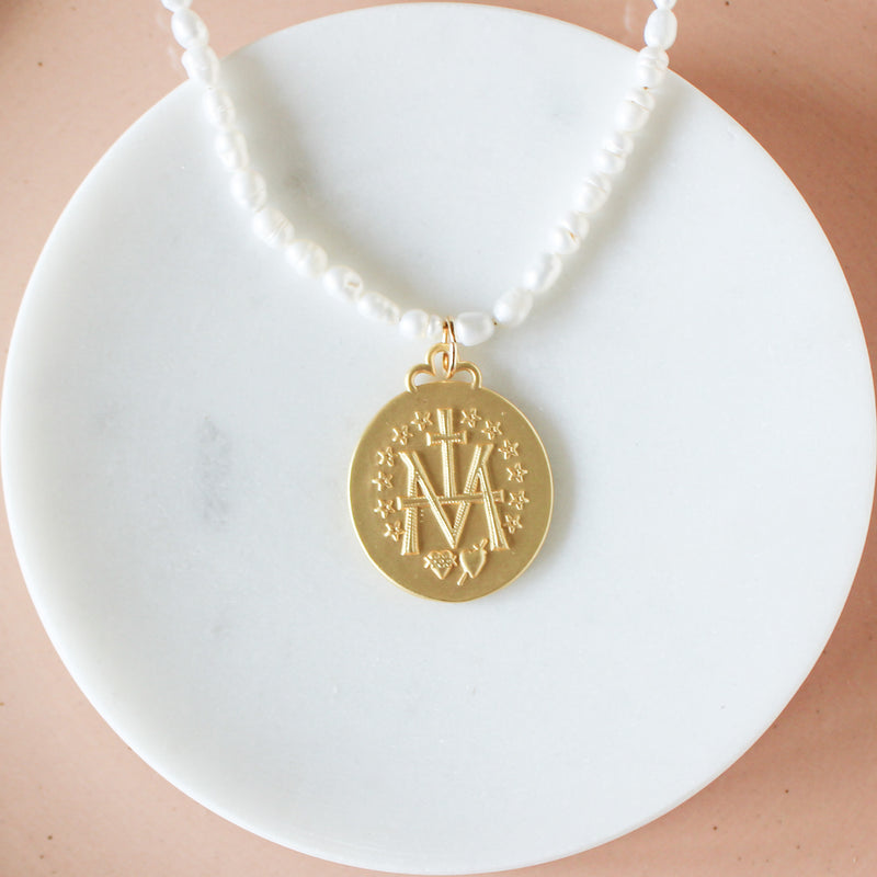 Pearl Necklace: Gold Blessed Mother
