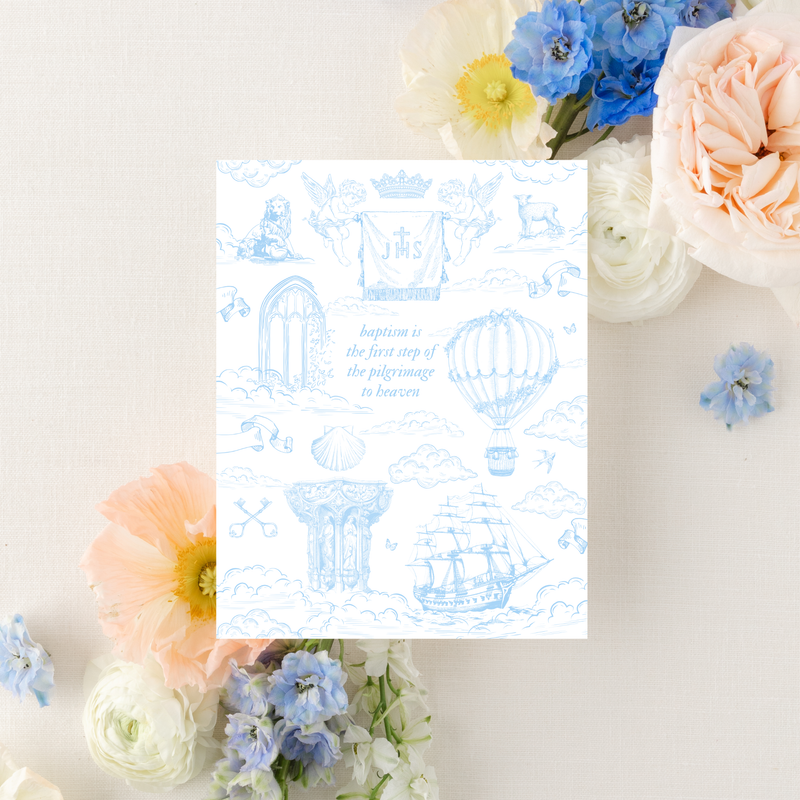 Catholic Baptism Card, Pilgrimage French Toile Greeting Card