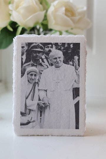 Mother Theresa and Saint Pope John Paul on Deckled-edge Handmade Paper Sacred Art Print