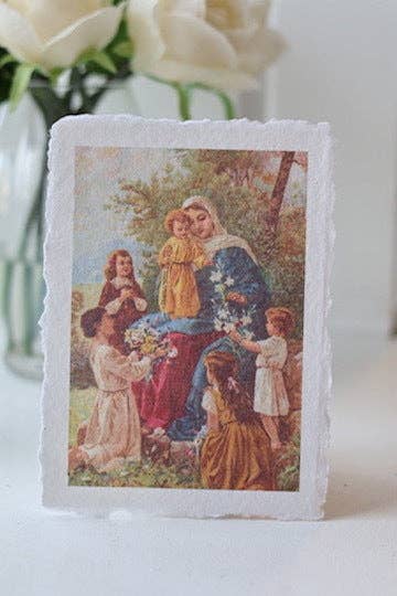 Mama Mary and the Children on Deckled-edge Handmade Paper Sacred Art Print
