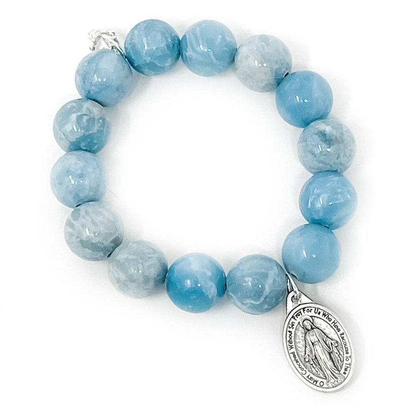 Blessed Mother Blue Agate Bracelet: Silver Miraculous Mary
