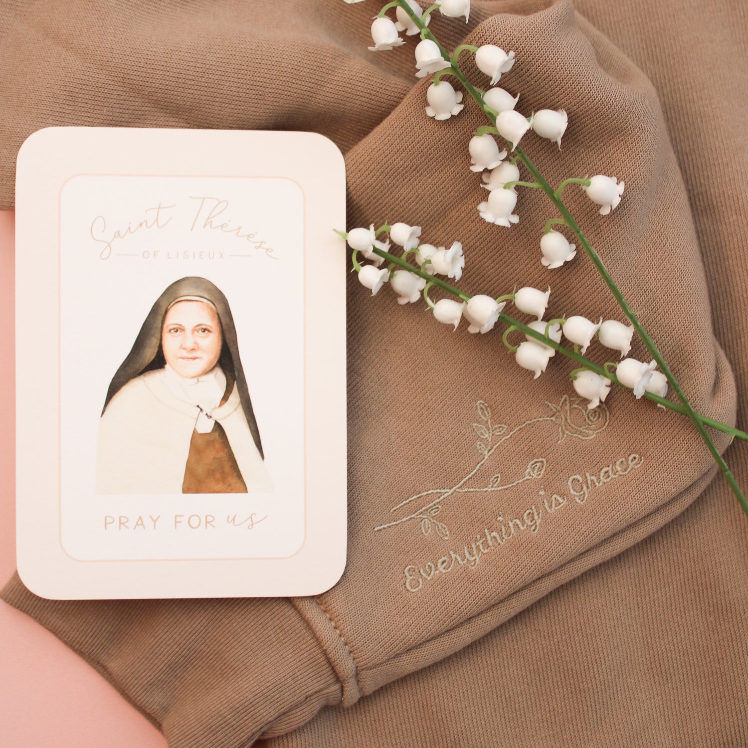 The Thérèse Catholic Zip-Up Sweatshirt – Inspired by St. Thérèse of Lisieux: Tan - Shepherd Me Shop