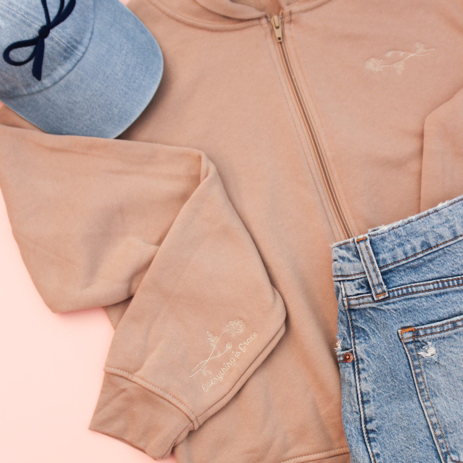 The Thérèse Catholic Zip-Up Sweatshirt – Inspired by St. Thérèse of Lisieux: Tan - Shepherd Me Shop