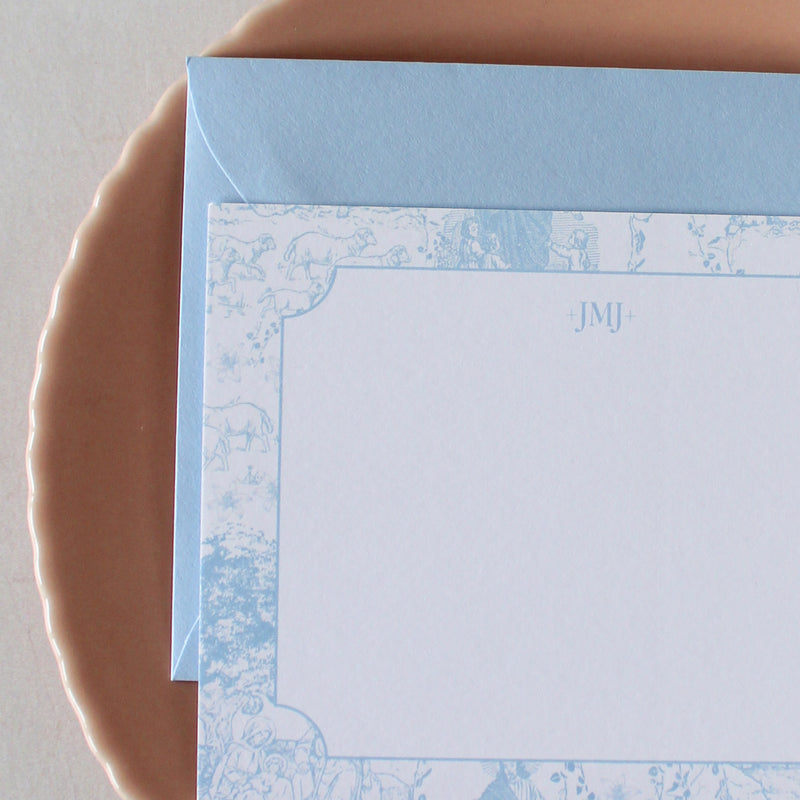 Catholic French Toile, Stationery Set, Pack of 10: Blue - Shepherd Me Shop