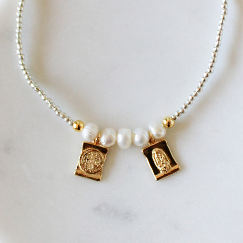 Sweet Grace Scapular Necklace – Silver Beads, Pearls & Devotional Medals - Shepherd Me Shop