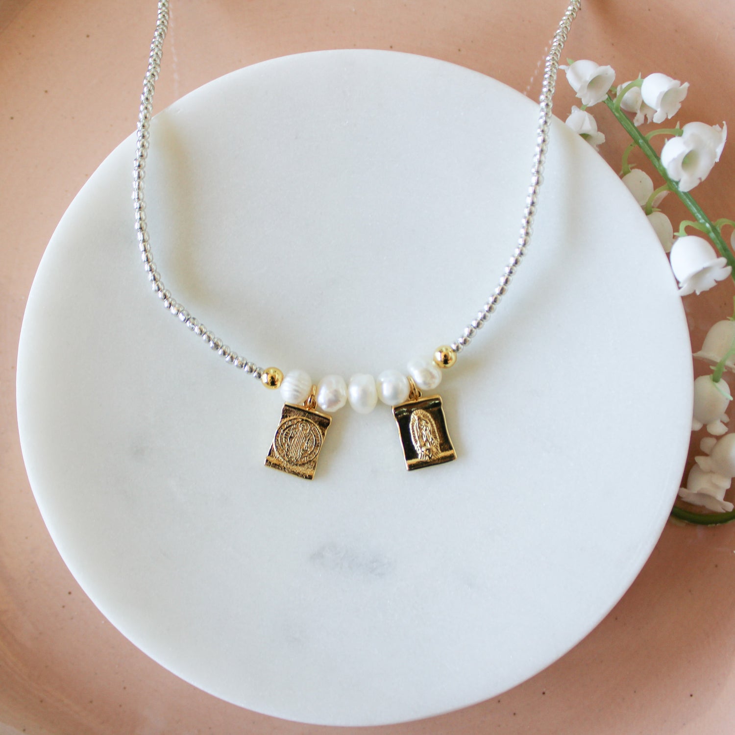 Sweet Grace Scapular Necklace – Silver Beads, Pearls & Devotional Medals