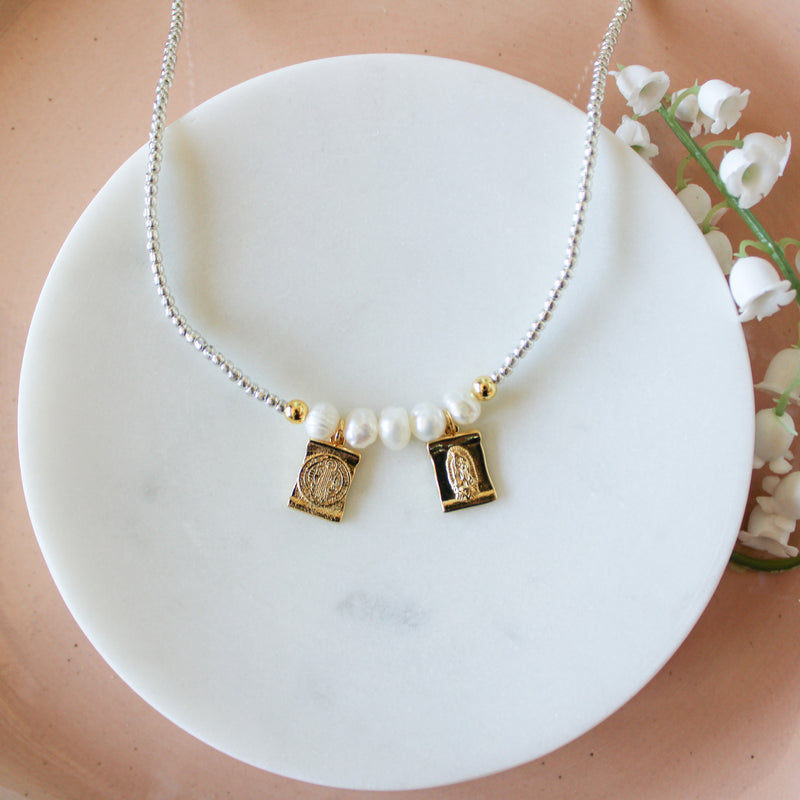 Sweet Grace Scapular Necklace – Silver Beads, Pearls & Devotional Medals - Shepherd Me Shop