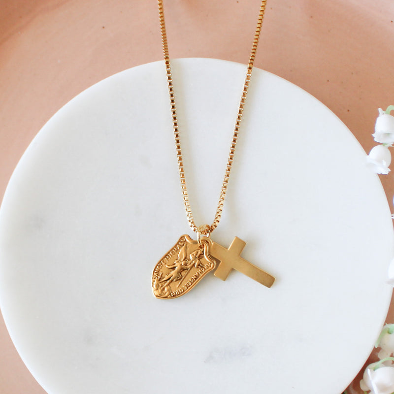 St. Michael Shield Gold Catholic Necklace - Shepherd Me Shop