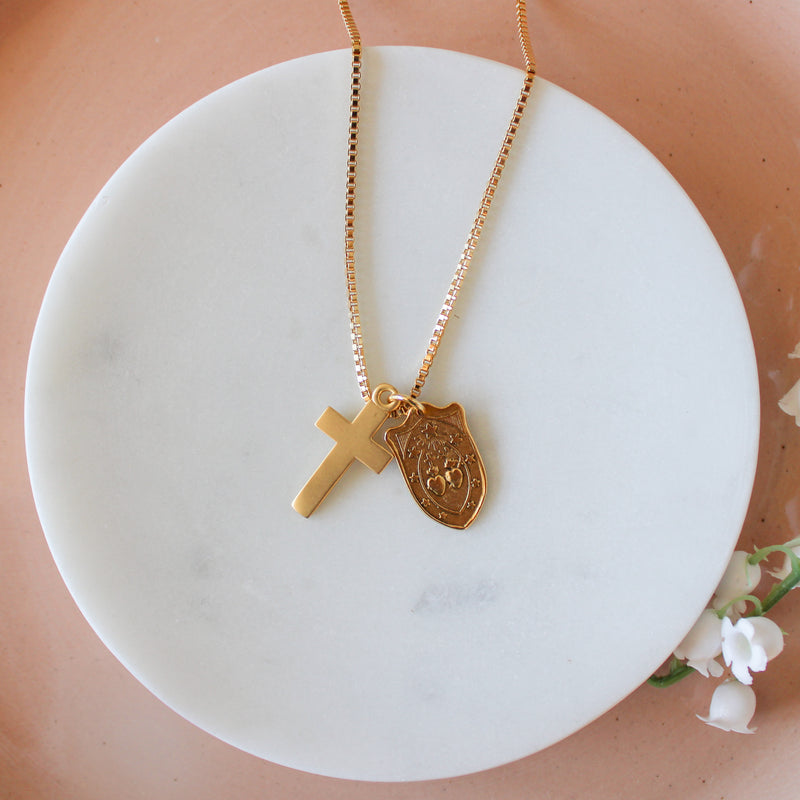 St. Michael Shield Gold Catholic Necklace - Shepherd Me Shop