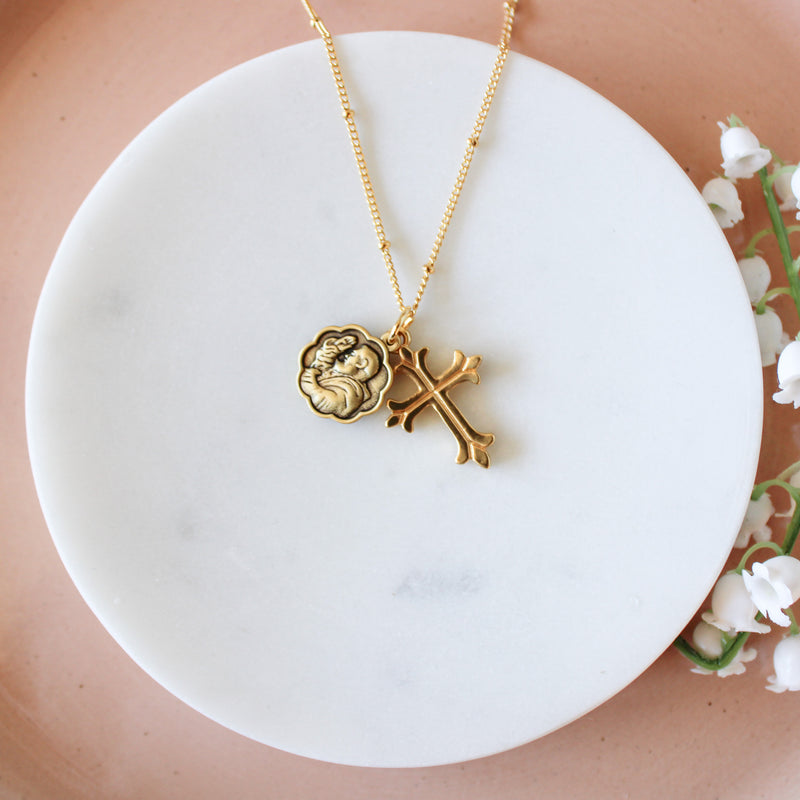 Padre Pio & Fleur Cross Catholic Gold Necklace - Shepherd Me Shop