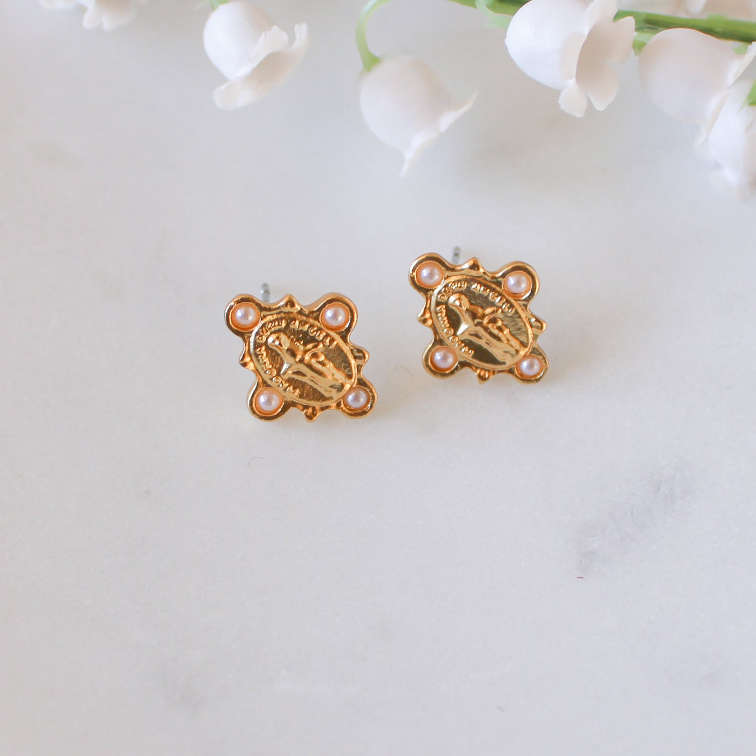 Blessed Mother Post Earrings: Matte Gold & Pearl