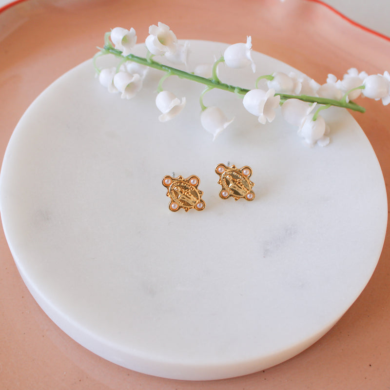 Blessed Mother Post Earrings: Matte Gold & Pearl - Shepherd Me Shop
