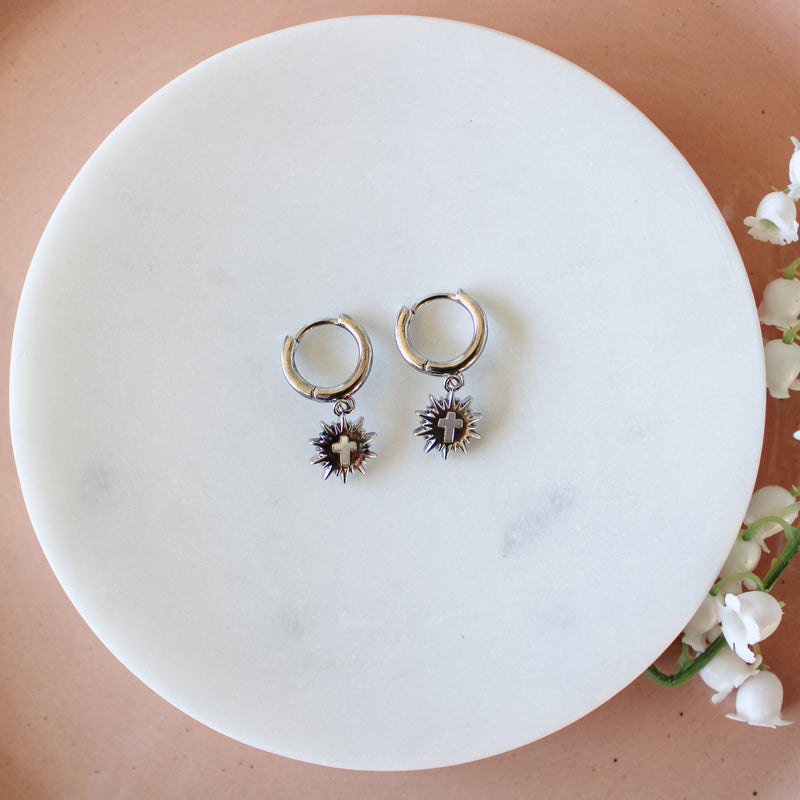 Monstrance Pearl Huggie Earrings: Sterling Silver - Shepherd Me Shop