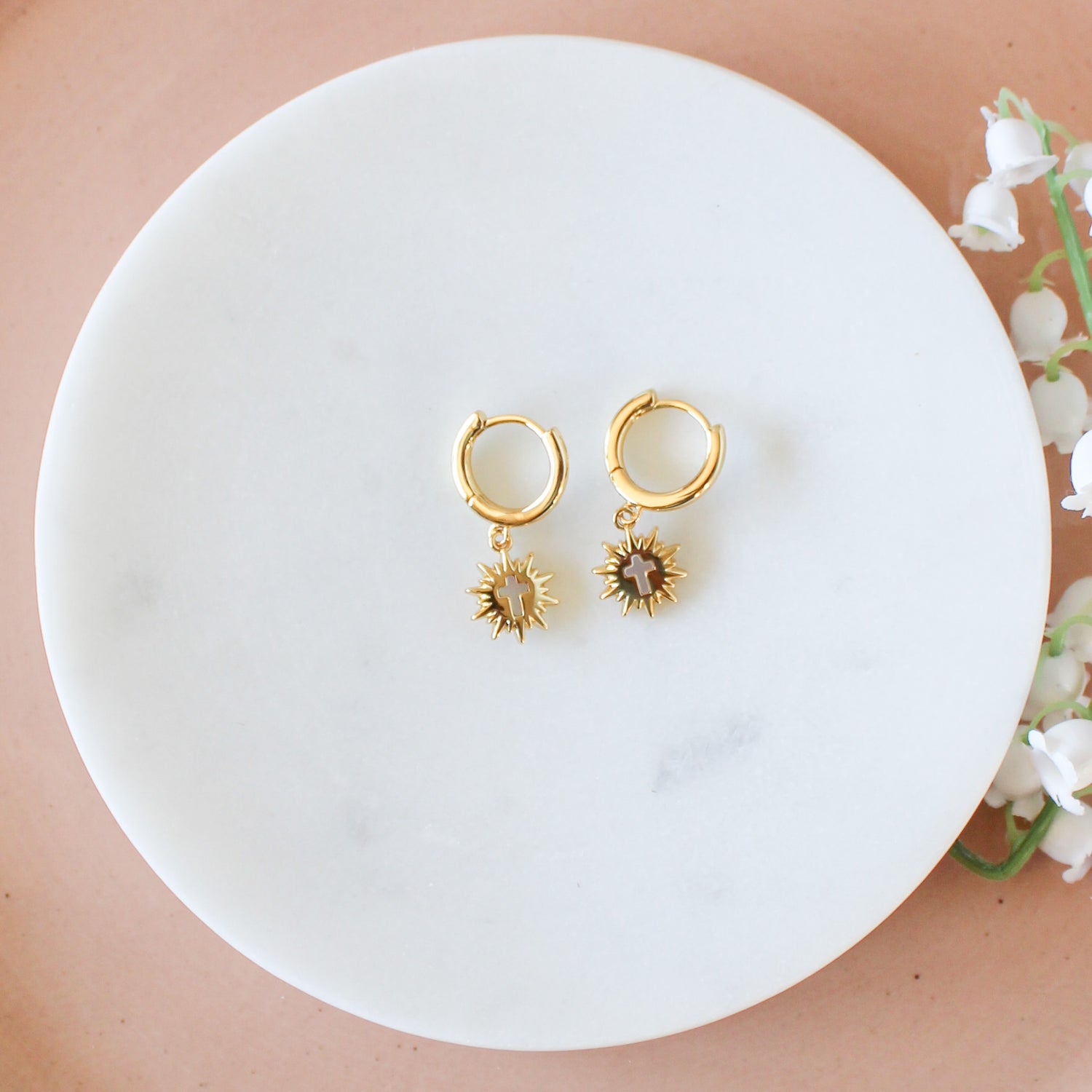 Monstrance Pearl Huggie Earrings: Gold - Shepherd Me Shop