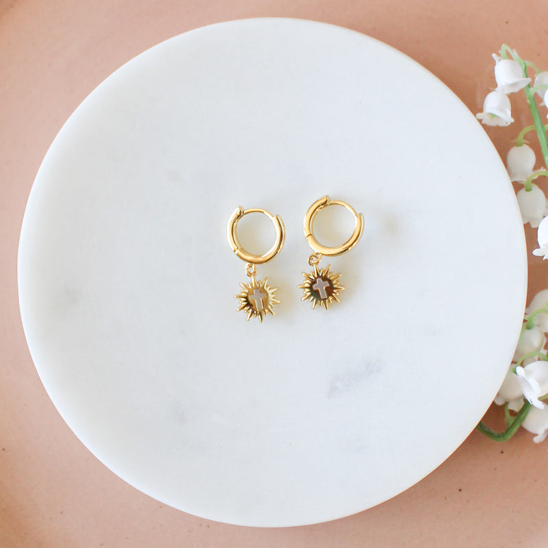 Monstrance Pearl Huggie Earrings: Gold - Shepherd Me Shop