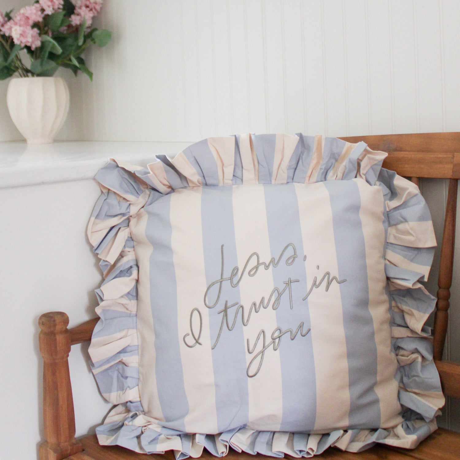 Jesus, I Trust in You Ruffle Pillow – Embroidered