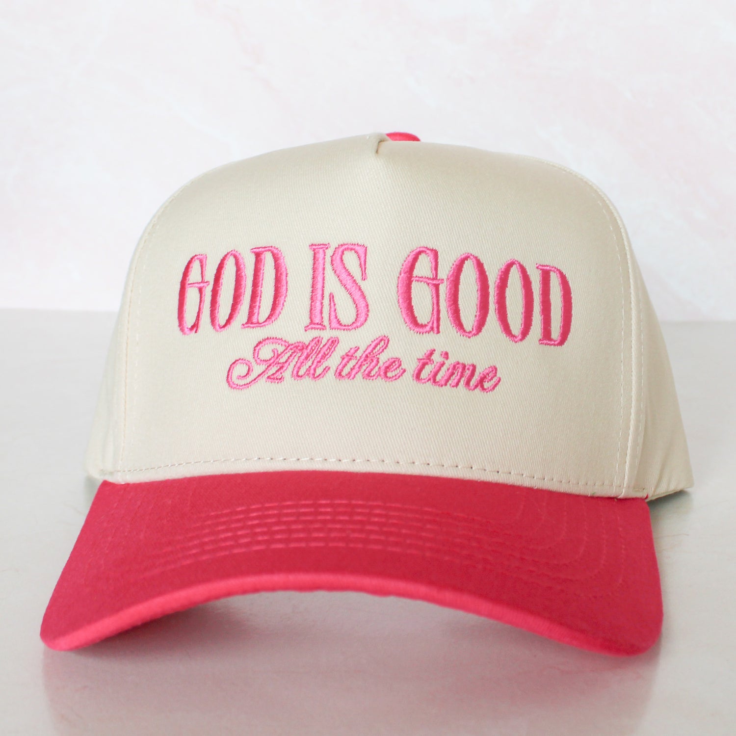 God Is Good All The Time Embroidery Trucker Hat: Pink