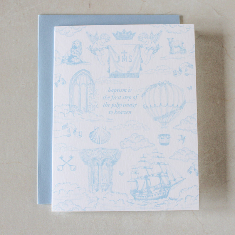 Catholic Baptism Card, Pilgrimage French Toile Greeting Card
