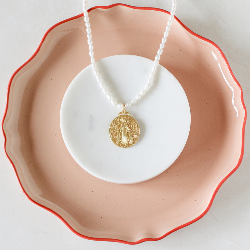 Pearl Necklace: Gold Blessed Mother