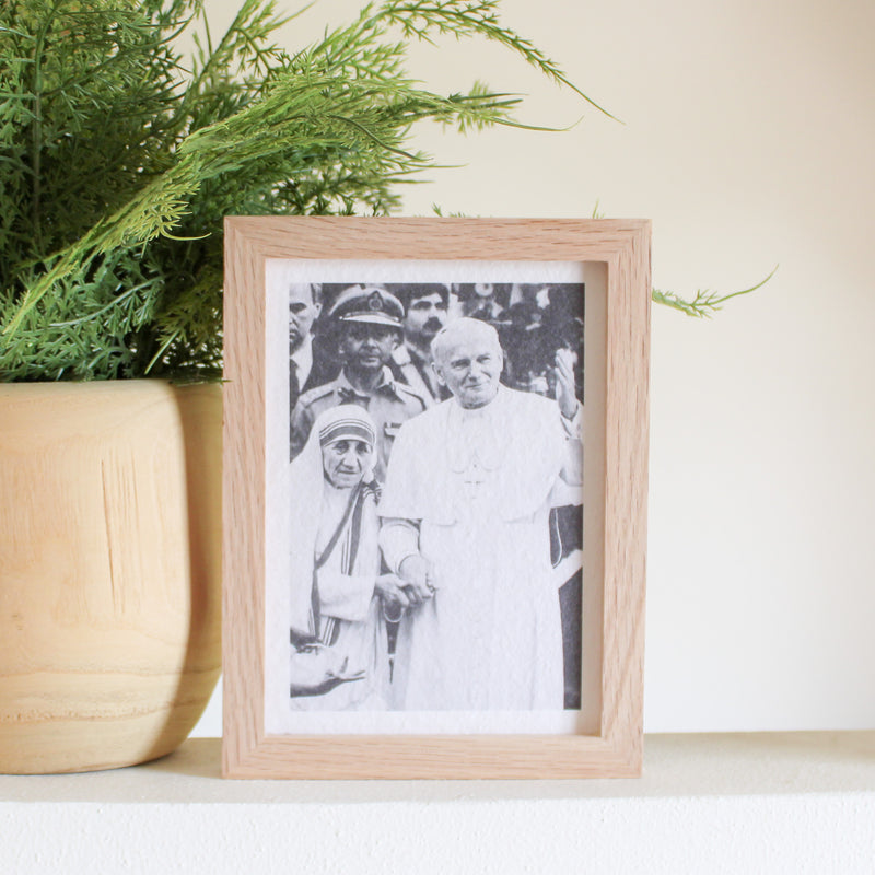 Mother Theresa and Saint Pope John Paul on Deckled-edge Handmade Paper Sacred Art Print