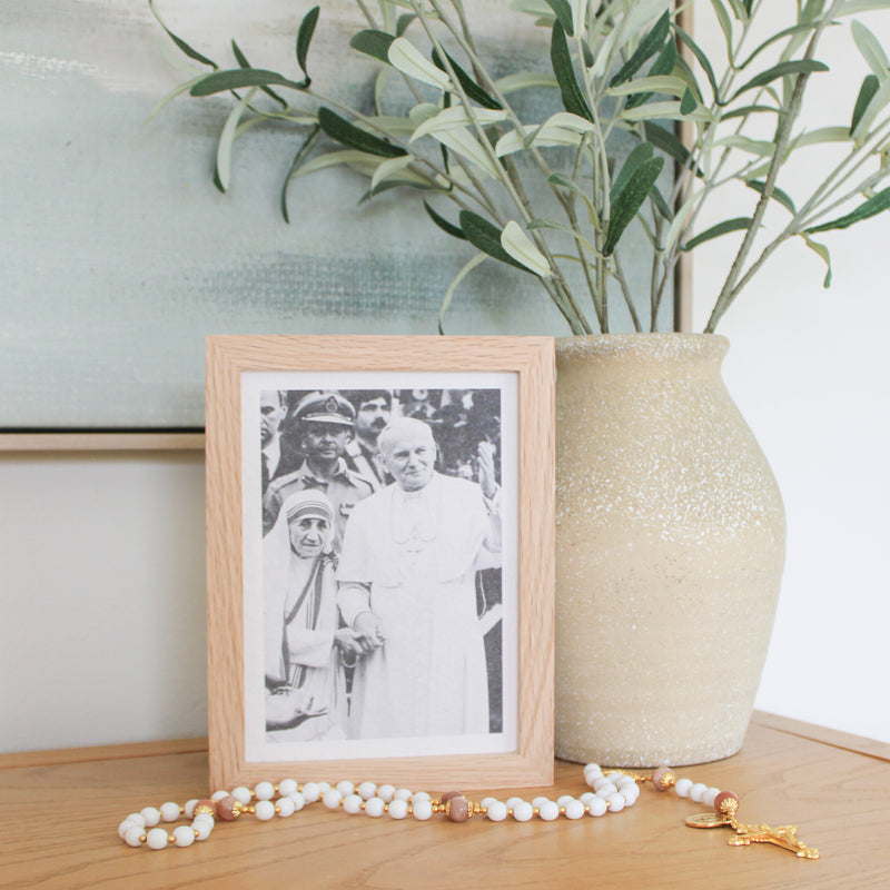 Mother Theresa and Saint Pope John Paul on Deckled-edge Handmade Paper Sacred Art Print