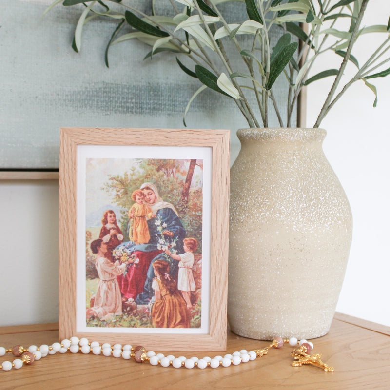 Mama Mary and the Children on Deckled-edge Handmade Paper Sacred Art Print