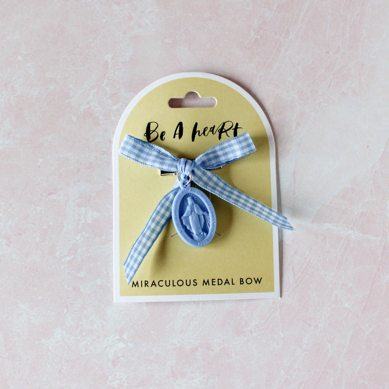 Miraculous Medal Blue Gingham Bow