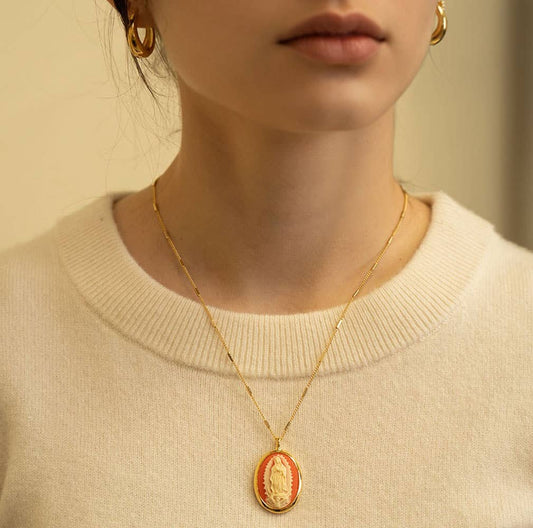 Virgin of Guadalupe Vintage Cameo Necklace: Coral