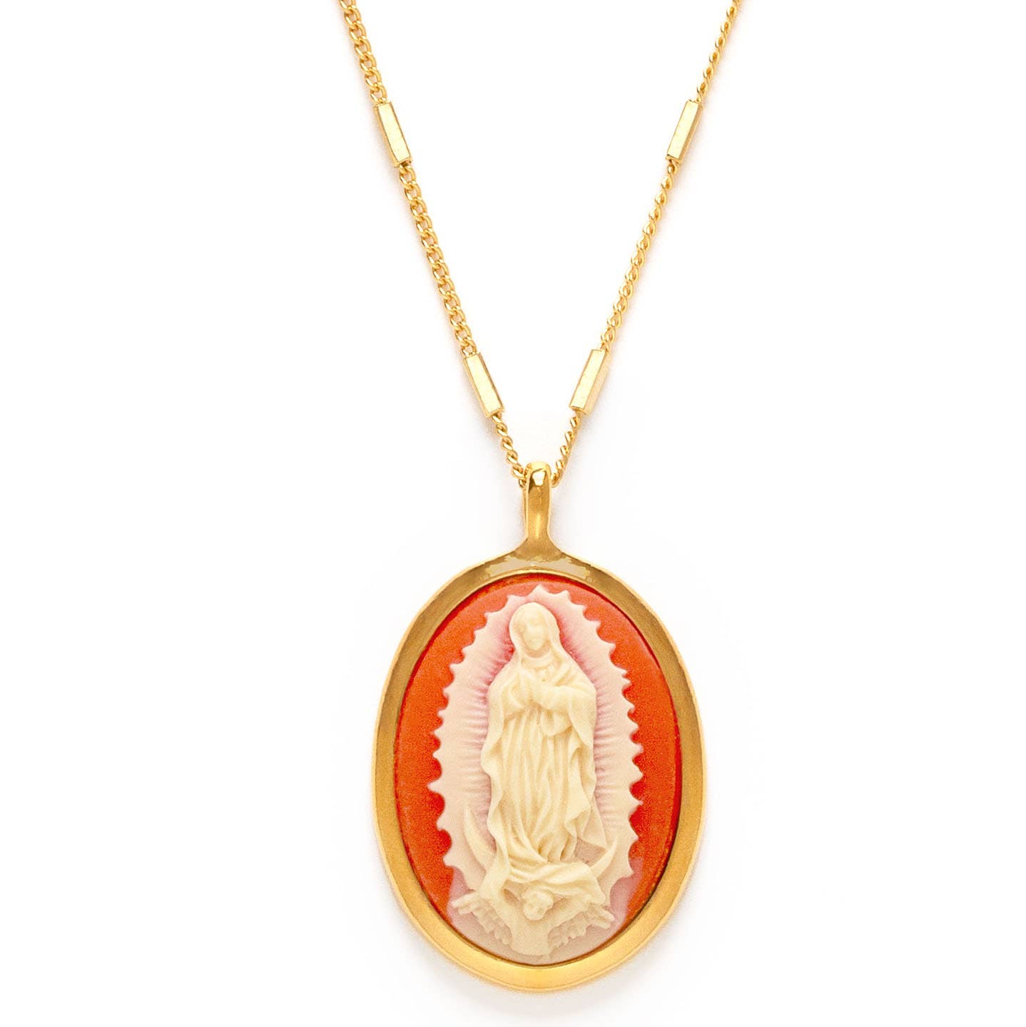 Virgin of Guadalupe Vintage Cameo Necklace: Coral