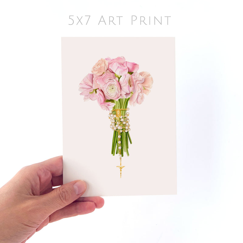 Rosary & Pink Ranunculus Bouquet Art Print - Shepherd Me Shop